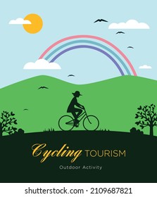 Woman riding bicycle in outdoor with sun, rainbow, and blue sky vector illustration. Outdoor bike tour poster banner print design concept