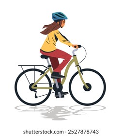 Mujer montando bicicleta al aire libre ciclismo actividad ilustración. Ciclista femenina con casco y ropa casual montando bicicleta sombra de fondo blanco