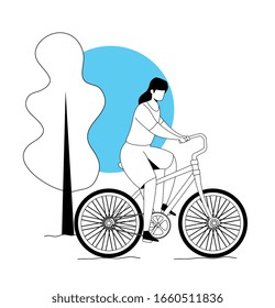 woman riding bicycle in park landscape vector illustration design