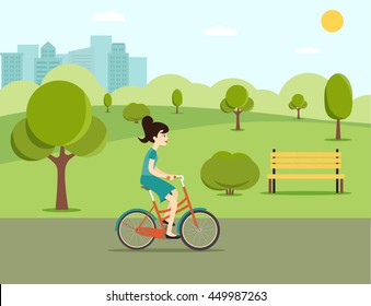 Woman Riding A Bicycle In Park. Vector Flat  Illustration. 