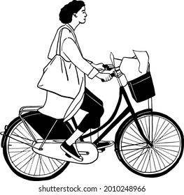 Woman riding bicycle People city lifestyle Hand drawn line art illustration	