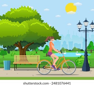 Woman riding a bicycle In Public Park, Vector illustration in flat design