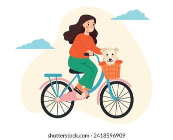 Woman riding a bicycle with a puppy in a basket, vector illustration in flat style. Dog owner on a bicycle. Caring for animals. Isolated cartoon lifestyle illustration for web graphic design, posters.