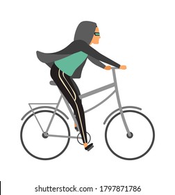 Woman riding bicycle. Simple young character cyclist girl rides on bike. Outdoor activities in park, healthy leisure lifestyle vector concept