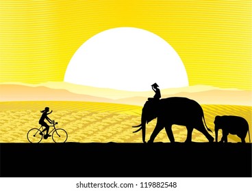 A Woman Riding Bicycle In South East Asia Rural Silhouette, Vector