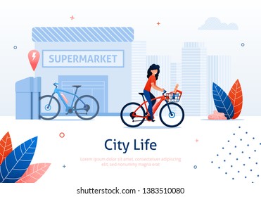 Woman Riding Bicycle from Supermarket Banner Vector Illustration. Girls Active and Healthy Style of Life. Renting Bike to Take Home Food. Cartoon Basket with Products from Shop or Store.