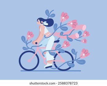 Woman riding bicycle surrounded by flowers