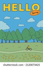 Woman riding a bicycle through the park in spring. hand drawn line illustration style