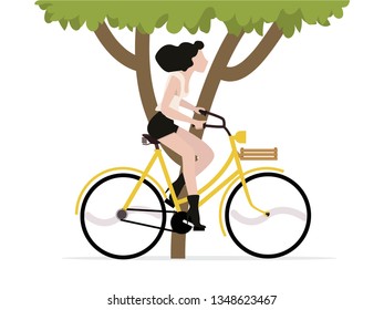 woman riding a bicycle with tree