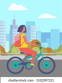 Woman Riding Bicycle In Urban Park In Summer. Person Strolling City Street Or Road Alone. Young Lady Spend Time Actively Doing Sports. Beautiful Landscape, Cityscape On Background. Vector Illustration