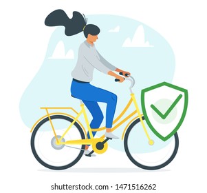 Woman riding bicycle vector illustration. Young rider on personal eco friendly vehicle cartoon character. Active outdoor recreation. City travel, cycling hobby. Girl on bike and check mark symbol