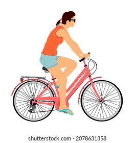 Woman riding bicycle vector illustration isolated on white background. Girl outdoor enjoying in bike driving. Elegant lady driving electric bicycle. Mother go to shopping. Female in shirts and shorts.