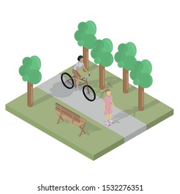 Woman riding a bicycle while a girl rides on roller skates in the park. Along the path is a bench. Isometric style. Vector illustration.