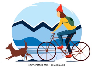 Woman riding a bicycle in the winter forest. Vector Illustration of the concept of travel, outdoor activities, Cycling.