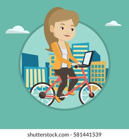 Woman riding a bicycle to work. Businesswoman with laptop on a bike. Businesswoman working on a laptop while riding a bicycle. Vector flat design illustration in the circle isolated on background.