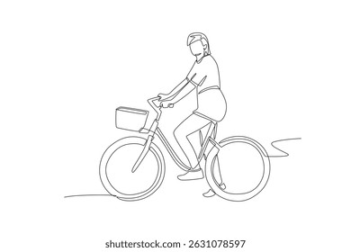 Woman riding a bicycle. World bicycle day concept one-line drawing