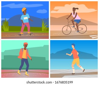 Woman riding bicycle. Young african american guy rollerblading. Man in sporstwear jogging. Boy in helmet skateboarding. People doing outdoor sport activities