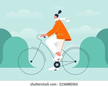 Mujer montando una bicicleta. Muchacha en una bicicleta al aire libre en el fondo de la naturaleza. Vida sana activa, ocio, ciclismo. Ilustración vectorial plana moderna