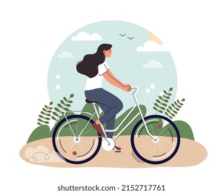 Woman riding bicycle. Young girl resting at weekend in park, active lifestyle and sports. Fitness and fat burning, cardio workout. Person at summer or spring season. Cartoon flat vector illustration