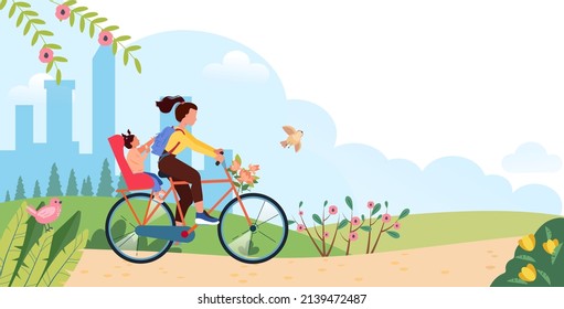 Woman riding a bike with baby in spring with flowers in the basket. Cute vector illustration in flat style. Hello spring or summer concept. Landscape with blooming trees and flowers banner template.