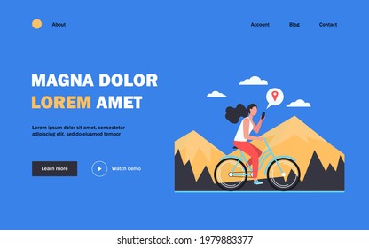 Woman riding bike by mountains. Girl cycling and consulting location app on cell flat vector illustration. Activity, path searching concept for banner, website design or landing web page