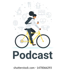 Woman riding bike flat vector illustration. Girl in wireless earbuds with coffee cup listening to podcast, internet lesson cartoon character. Woman on bicycle wearing backpack