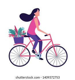 woman riding bike with flower avatar cartoon character vector illustration graphic design