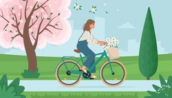 Woman Riding Bike With Flowers In The Basket, In The Park, On Spring Landscape. Vector Illustration In Flat Style, Spring Coming Concept