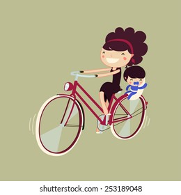 woman riding a bike with her baby. mother and son on a bicycle. character isolated. vector illustration