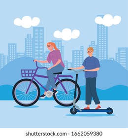 woman riding bike and man in scooter vector illustration design