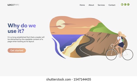 Woman riding bike on the seacoast. Sport, leisure, active lifestyle flat vector illustration. Outdoor activities concept for banner, website design, landing web page