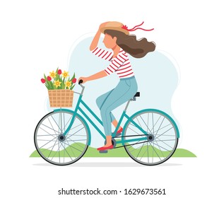 Woman riding a bike in spring with flowers in the basket. Cute vector illustration in flat style