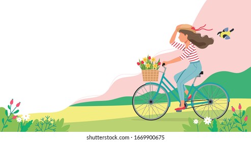 Woman Riding A Bike In Spring With Flowers In The Basket. Cute Vector Illustration In Flat Style.