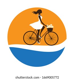 woman riding bike, vector illustration