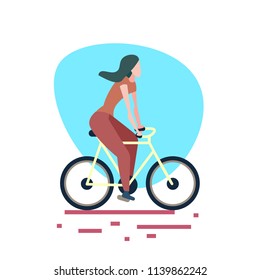 woman riding bike white background female sport activity cartoon character full length flat vector illustration