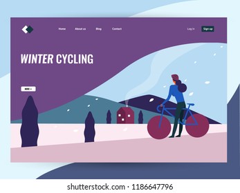 
Woman riding bike in winter countryside landscape. Website landing page. flat design vector illustration
