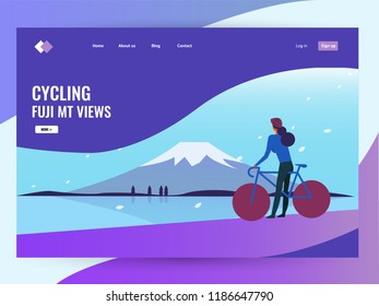 Woman riding bike in winter with fuji mt.  landscape. Website landing page. flat design vector illustration