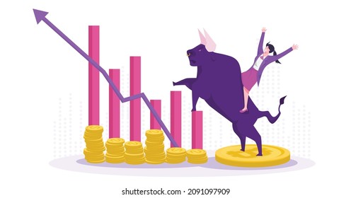 The woman riding the bull is rejoicing because Bitcoin is in a bull market. Concept business vector illustration. Flat design style.Digital currency vectors concept.