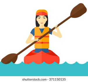 Woman riding in canoe.