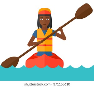 Woman riding in canoe.