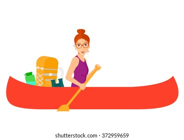 Woman riding in canoe.