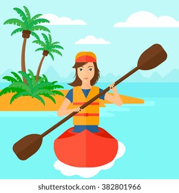 Woman riding in canoe.