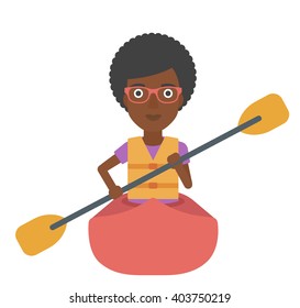 Woman riding in canoe.