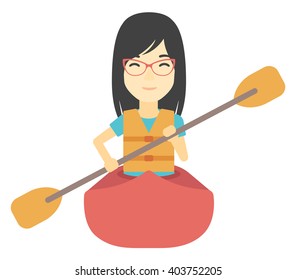 Woman riding in canoe.