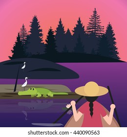 woman riding canoe kayak small boat meet crocodile alligator in wet land lake