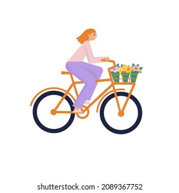 Woman riding cargo bike with basket. Girl carries flowers in basket in bicycle. Flat vector illustration  