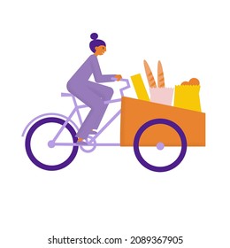 Woman riding cargo bike with food and goods. A girl transports carries purchases on bakfiets bicycle. Flat vector illustration  