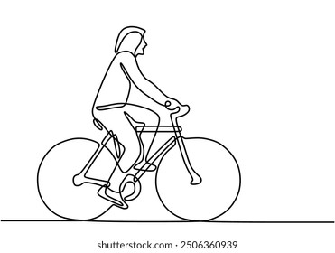 Woman riding a city bicycle. Black line art sketch on white background, urban cyclist in continuous line style.