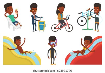 Woman riding down a water slide at the aqua park. Woman having fun on a water slide in water park. Woman going down a water slide. Set of vector flat design illustrations isolated on white background.