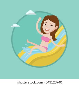 Woman riding down a waterslide at the aquapark. Woman having fun on a water slide in waterpark. Girl going down a water slide. Vector flat design illustration in the circle isolated on background.